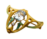 Enamel And 14K Gold Aquamarine Diamond Brooch Art Nouveau Signed Krementz