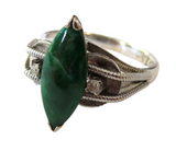 Imperial Green Jadeite And Diamond Ring Vintage Marquise 14K White Gold Signed