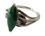 Imperial Green Jadeite And Diamond Ring Vintage Marquise 14K White Gold Signed