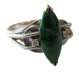 Imperial Green Jadeite And Diamond Ring Vintage Marquise 14K White Gold Signed