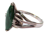 Imperial Green Jadeite And Diamond Ring Vintage Marquise 14K White Gold Signed