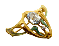 Enamel And 14K Gold Aquamarine Diamond Brooch Art Nouveau Signed Krementz