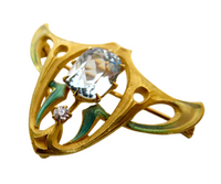 Enamel And 14K Gold Aquamarine Diamond Brooch Art Nouveau Signed Krementz