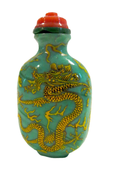 Snuff Bottle Peking Glass Enamel Dragons Coral Top