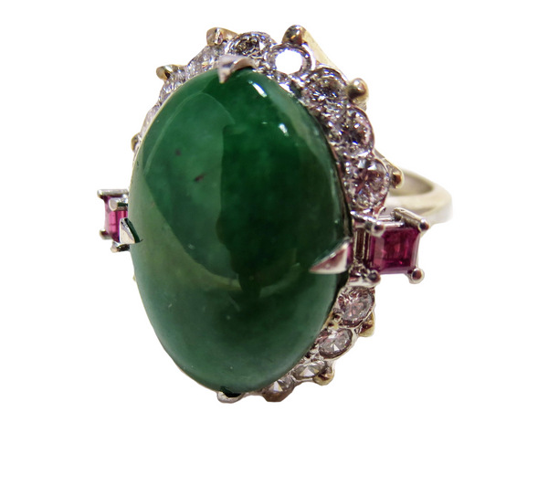 Jadeite Imperial Green Ring Platinum Diamonds Rubies Art Deco