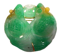 Apple Green Jadeite Double Fish Brooch 14K Yellow Gold Mounting