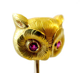 Stickpin Owl Ruby Eyes 14K Circa 1880-1900 Signed