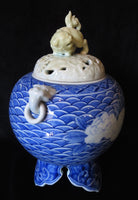 Incense Burner Porcelain Blue & White Censer Meiji Period Signed