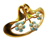 Krementz Art Nouveau 14K Enamel Brooch Pearls