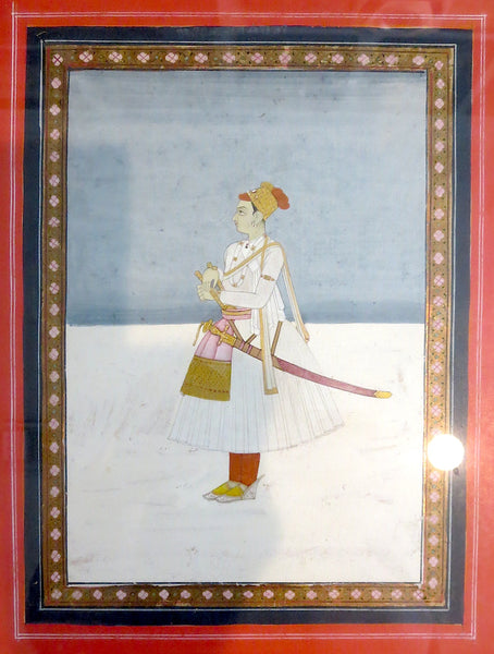 Indian Miniature Painting Emperor - Sikh Shah Nobleman With Sword 19th Century